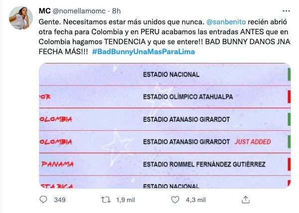 Publicación de Twitter #BadBunnyUnaMasParaLima