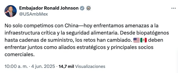 Embajador de Estados Unidos alerta a México por nuevas amenazas