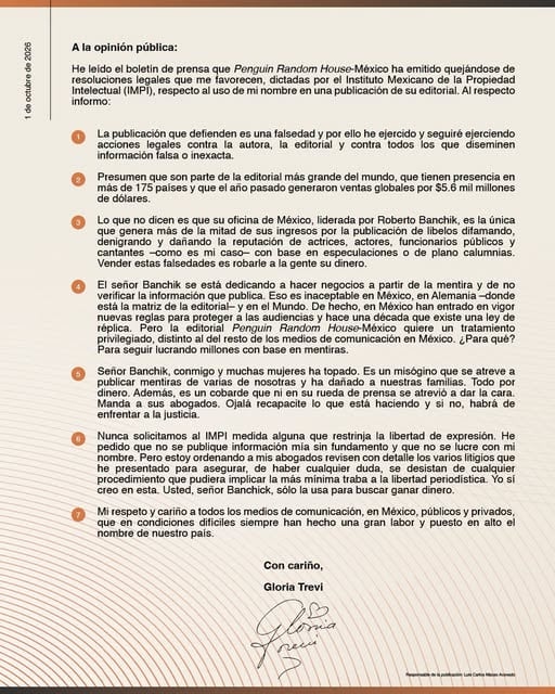 Comunicado de Gloria Trevi sobre demanda al IMPI a Penguin Random House.