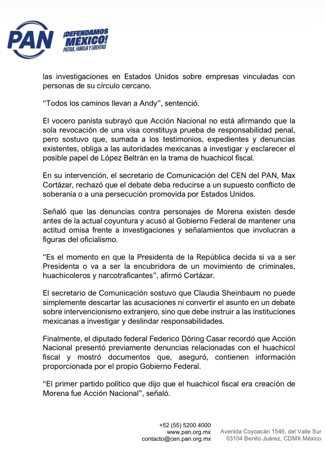 Comunicado del PAN contra López Beltrán