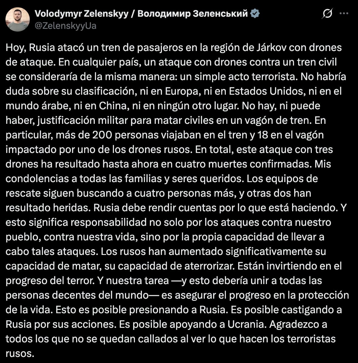 Zelenski acusa a Rusia de ataque con drones a tren de pasajeros;
