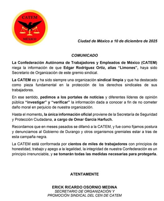 CATEM se deslinda de vínculos con Edgar ‘Limones’