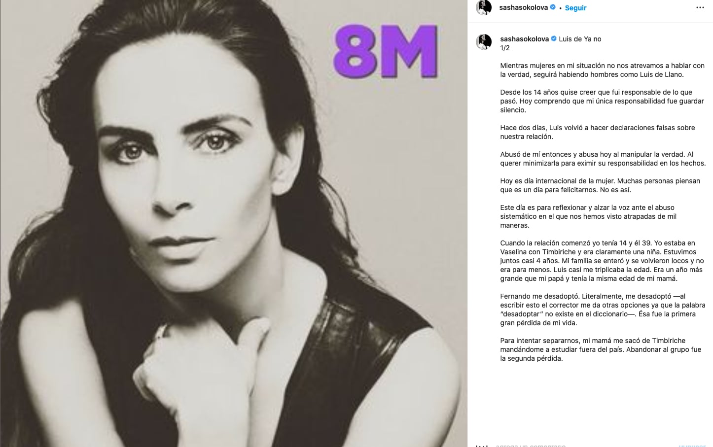 Sasha Sokol habla del abuso que vivió con Luis de Llano.