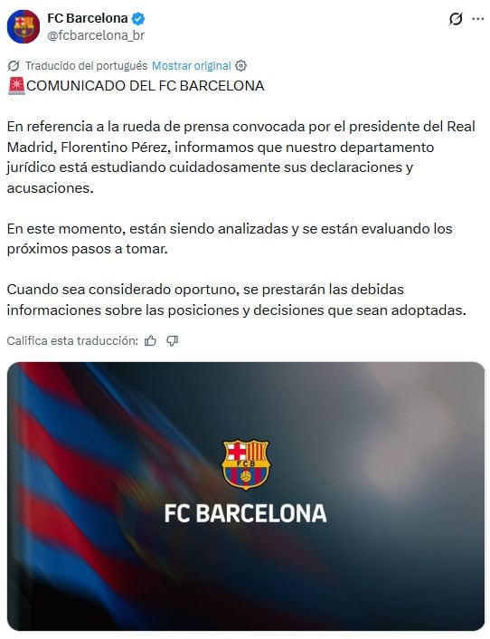 Barcelona explora demanda tras declaraciones de Florentino Pérez.
