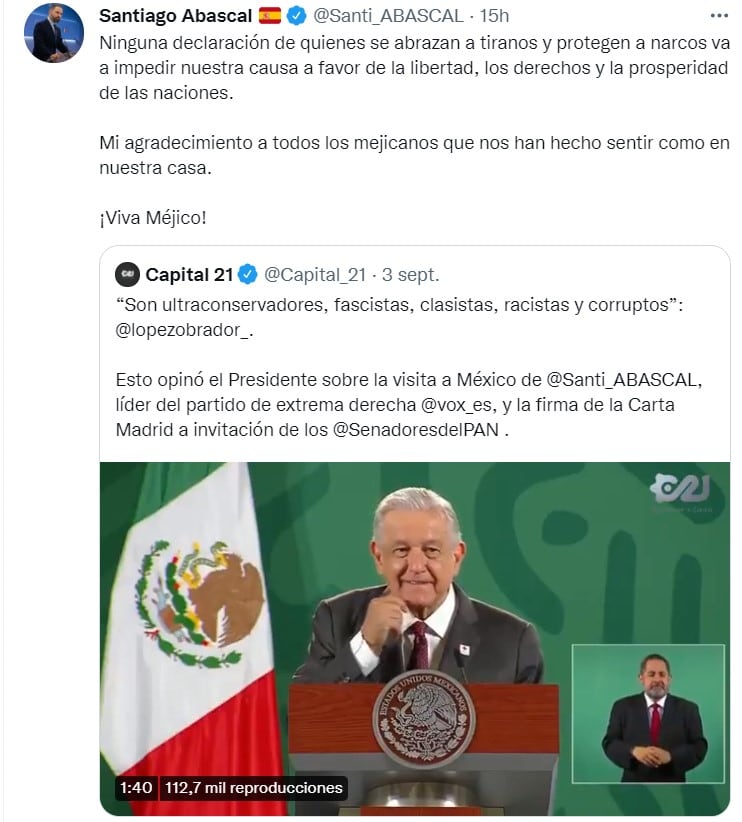 Publicación de Santiago Abascal en Twitter