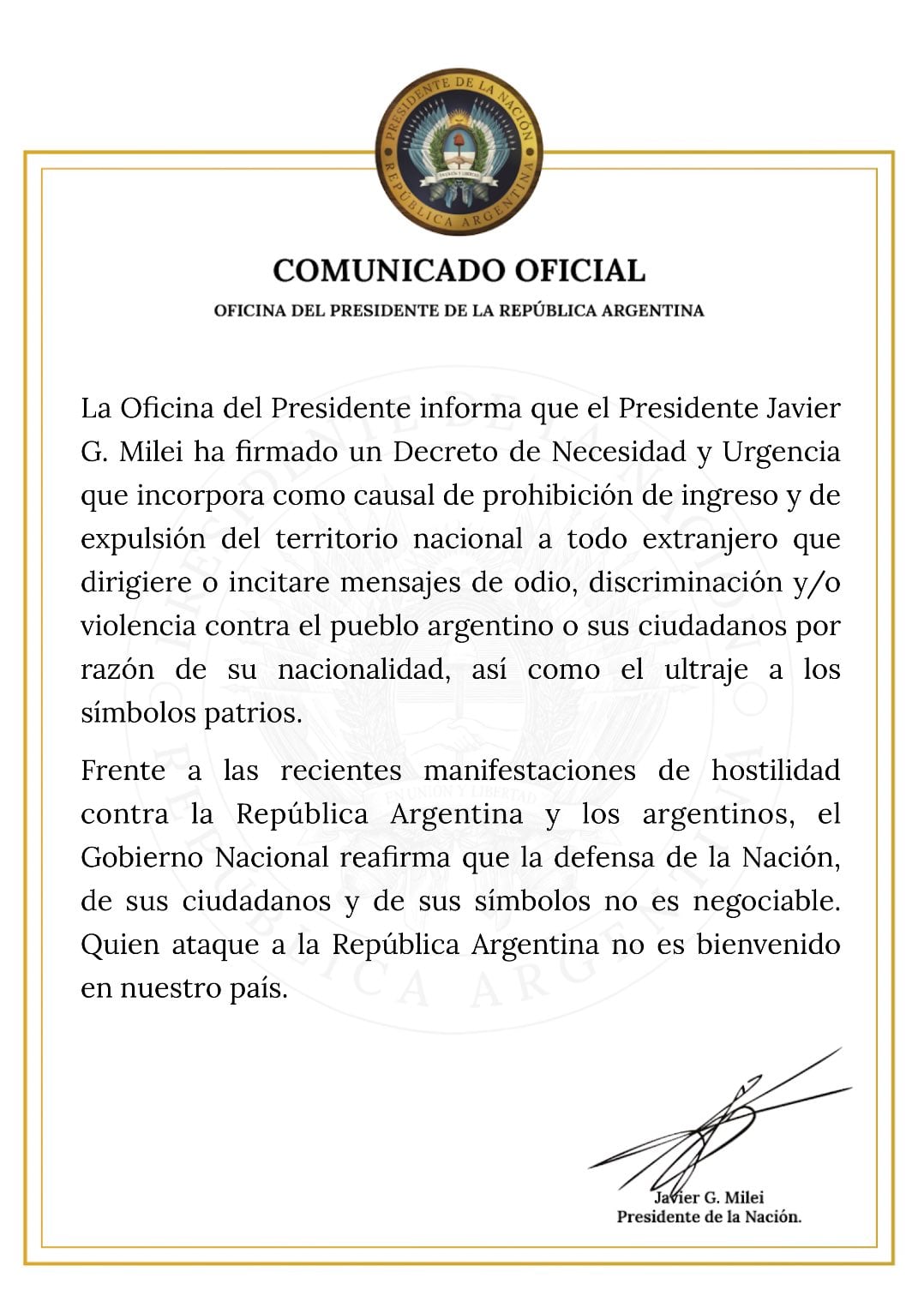 Argentina expulsará a extranjeros por mensajes de odio
