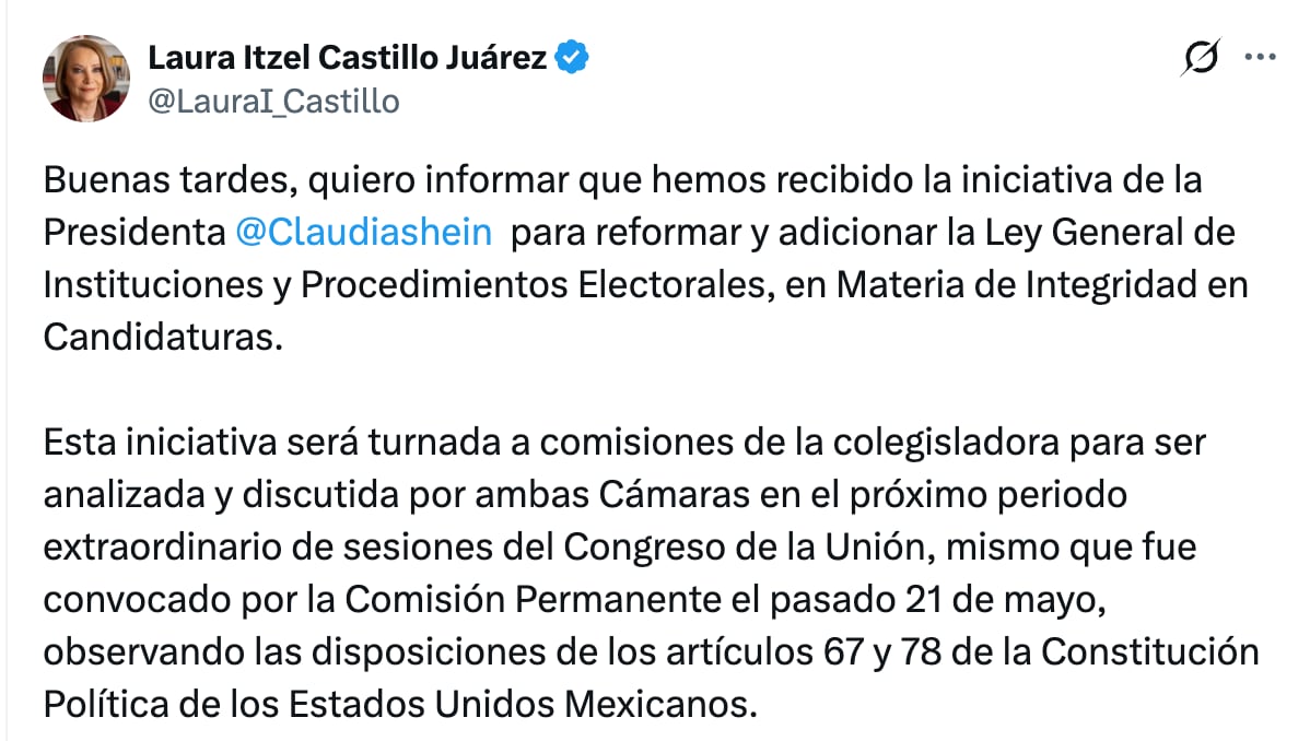 Laura Itzel Castillo informa recepción de propuesta de Sheinbaum