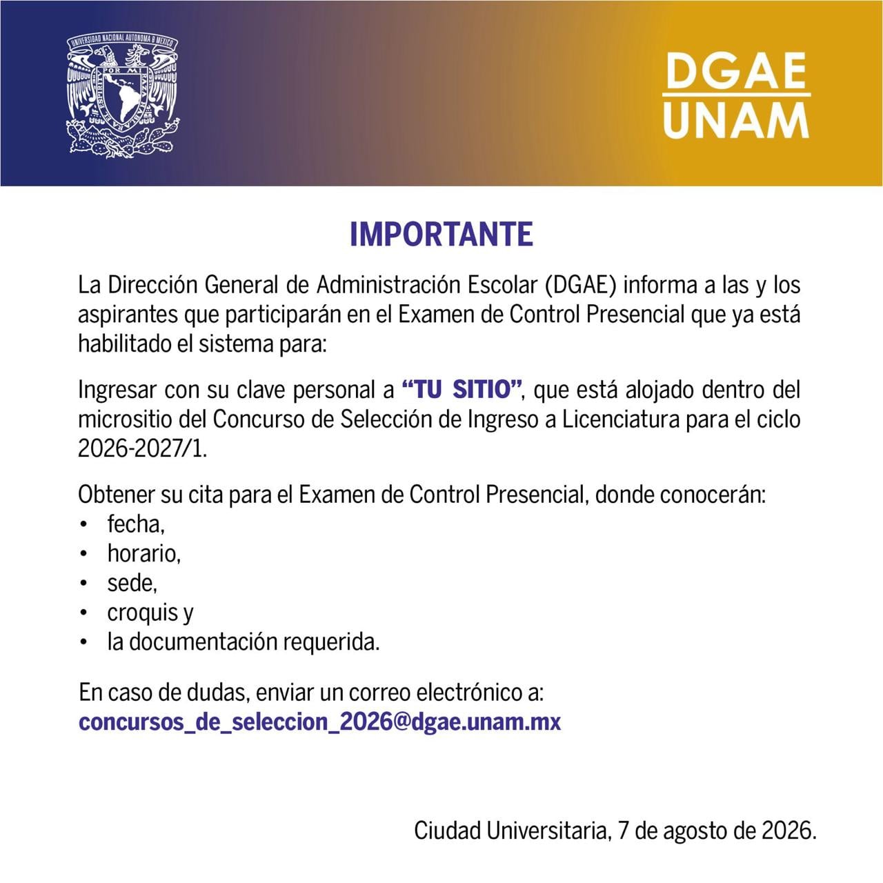 Examen de control UNAM: sedes y fechas de aplicación presencial