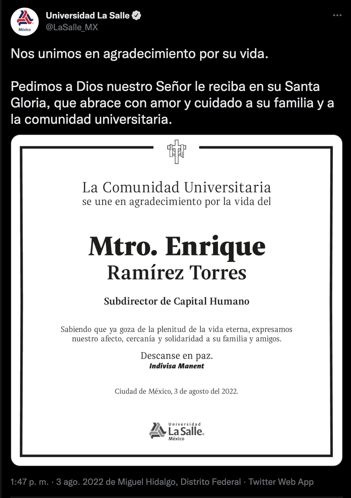 Enrique Ramírez Torres, directivo de La Salle, fue encontrado asesinado en la alcaldía Miguel Hidalgo