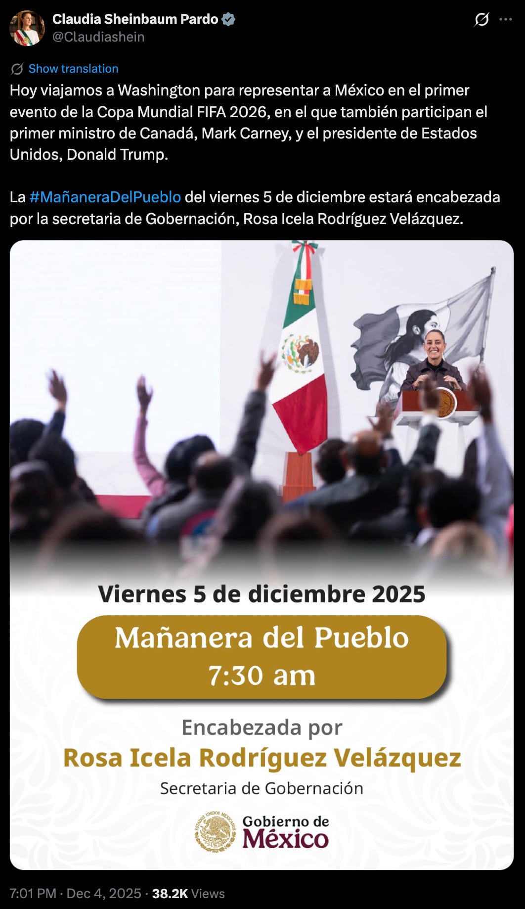 Sheinbaum se ausentará de mañanera por viaje a Washington.