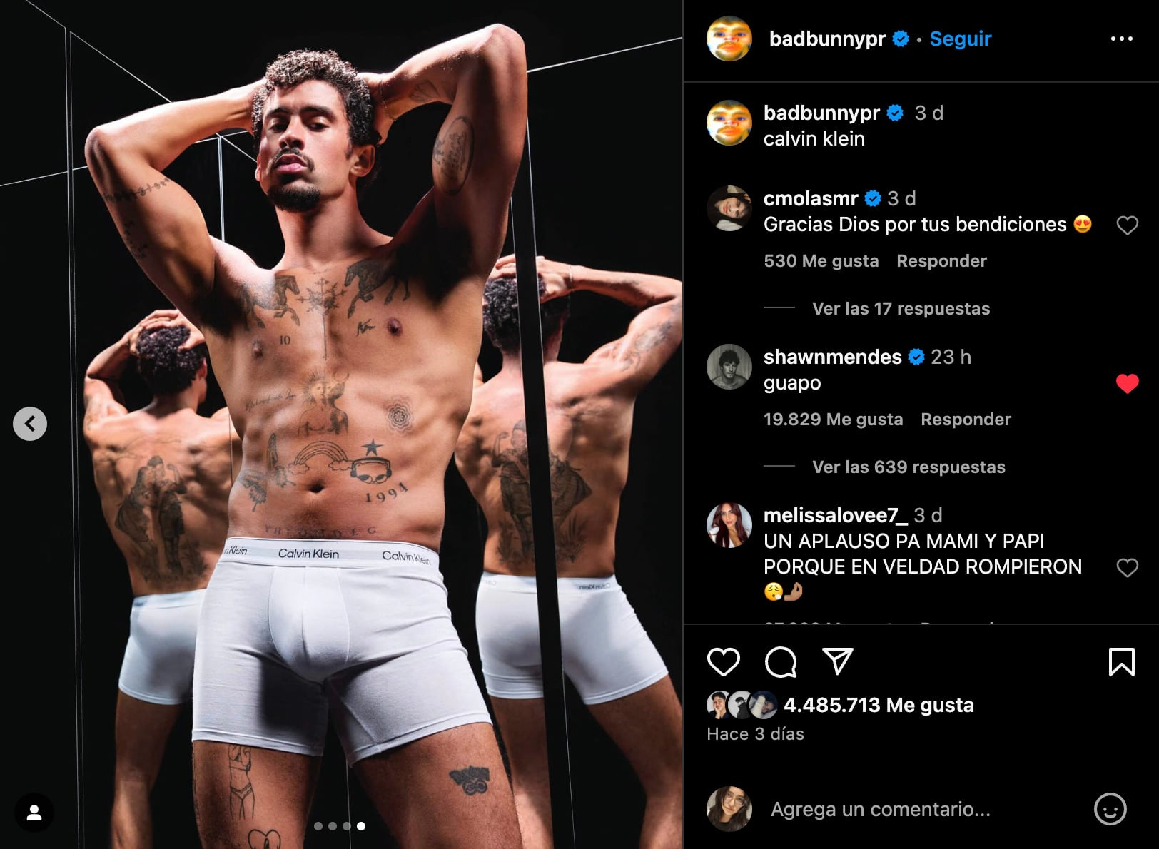 “Guapo” le dice Shawn Mendez a Bad Bunny por posar en calzones