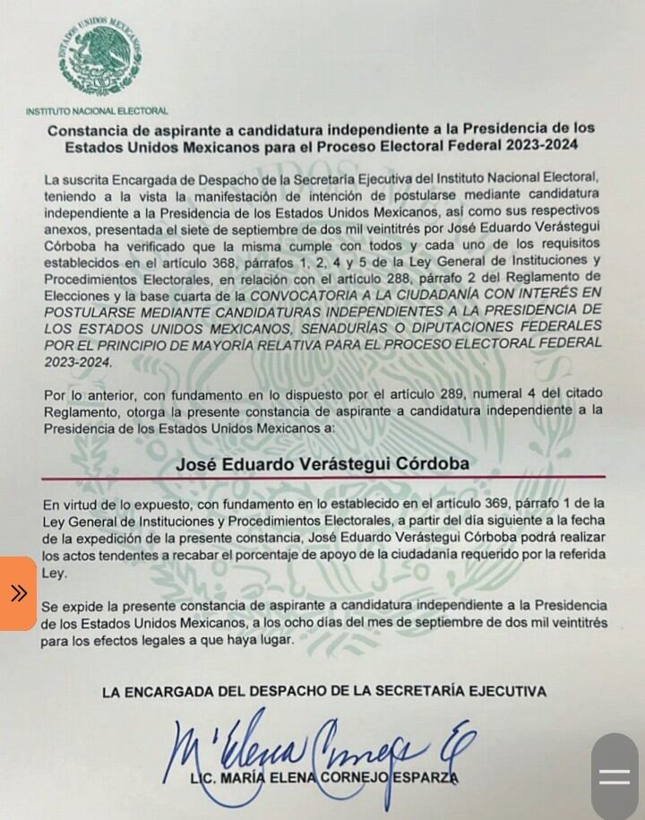Constancia de Eduardo Verástegui como aspirante presidencial independiente