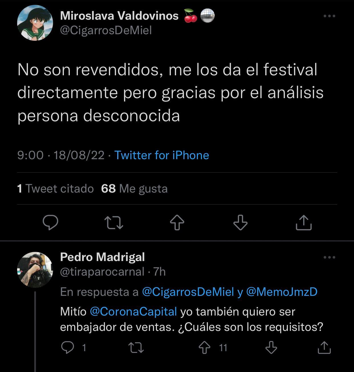 Tuit de Miroslava Valdovinos, revendedora de boletos para el Corona Capital 2022