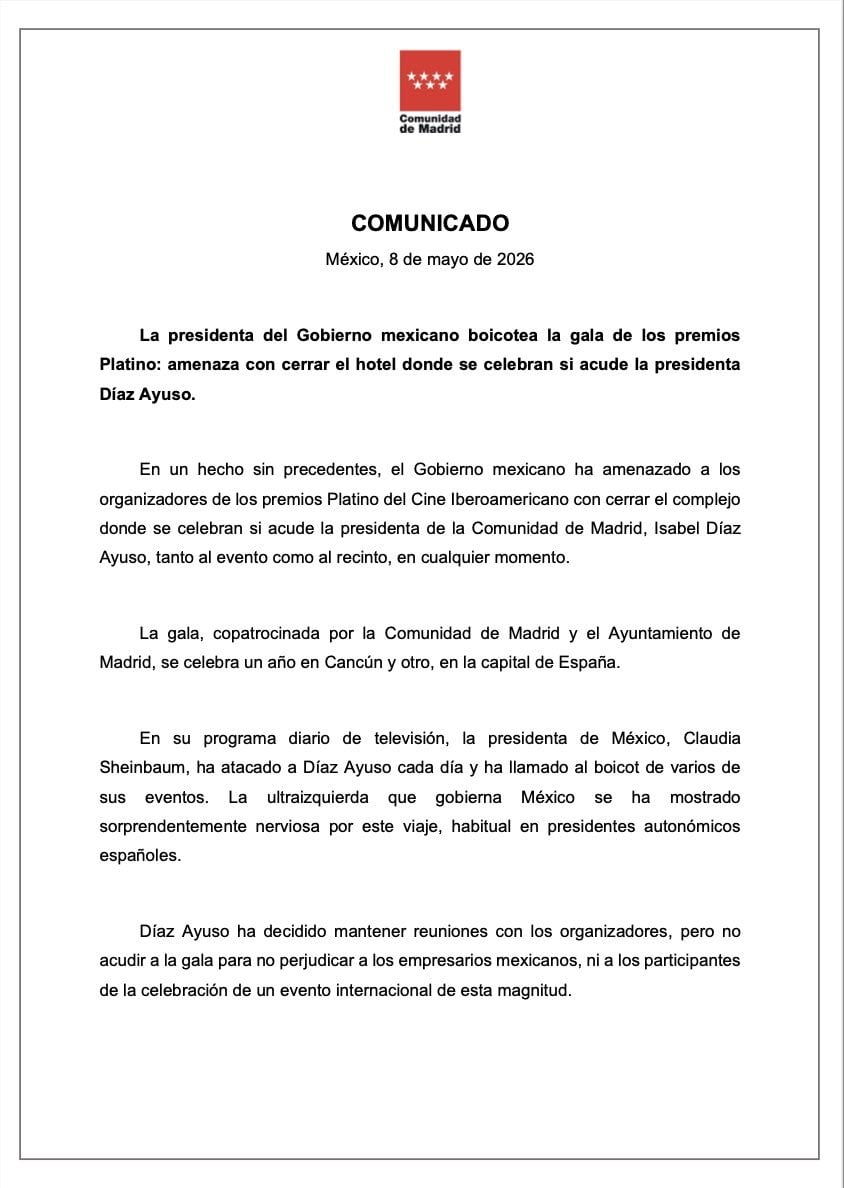 Comunidad de Madrid sobre cancelación de gira de Isabel Díaz Ayuso