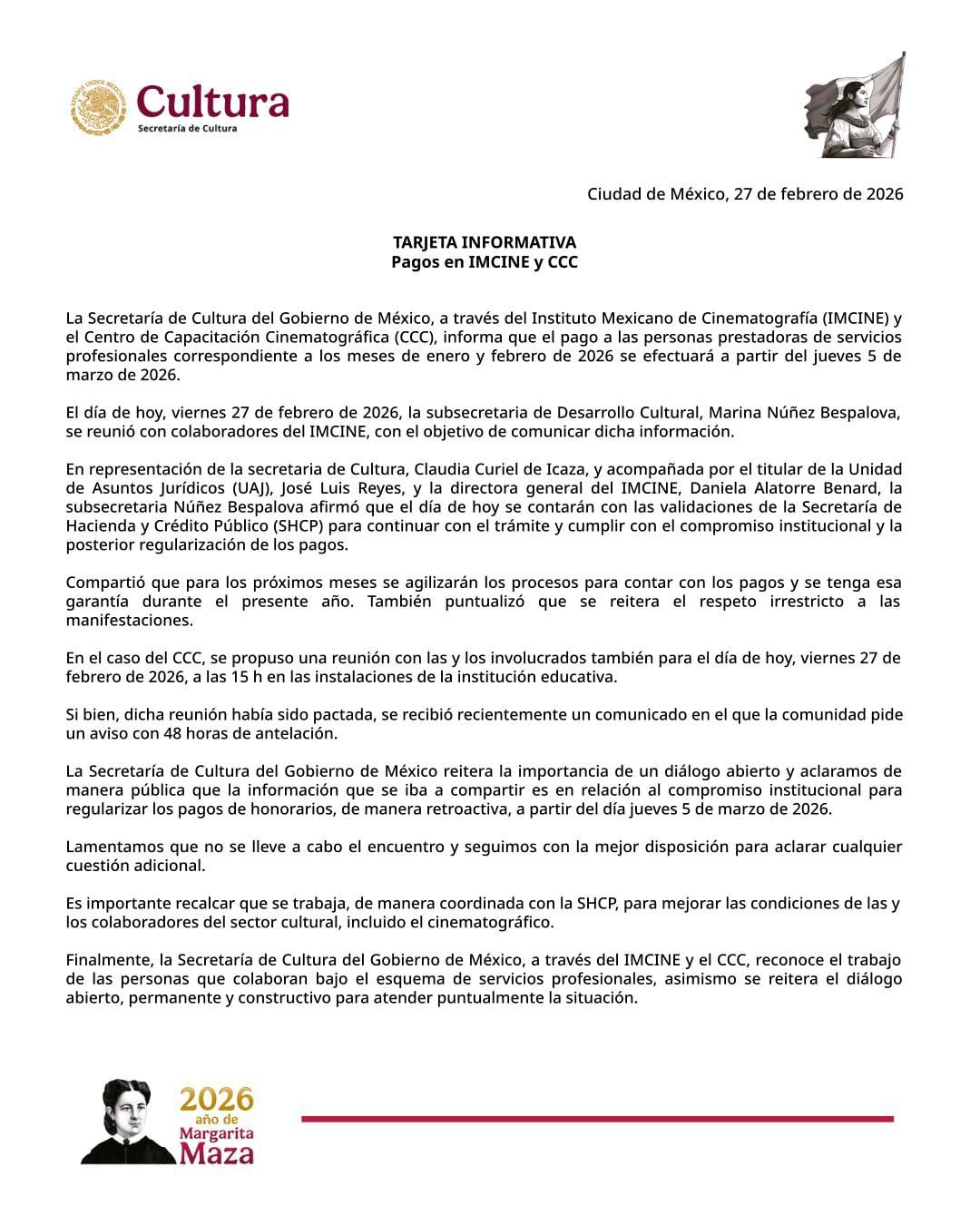 Secretaría de Cultura anuncia fecha para regularizar pagos en IMCINE y CCC