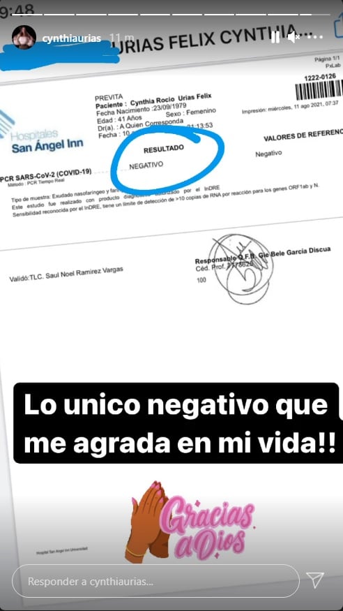 Cynthia Urías dio negativo a Covid-19