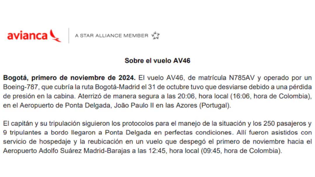 Comunicado de Avianca Bogotá-Madrid al declarar emergencia en Boeing 787
