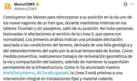 Metro CDMX informa sobre el descarrilamiento del vagón de la Línea 3.