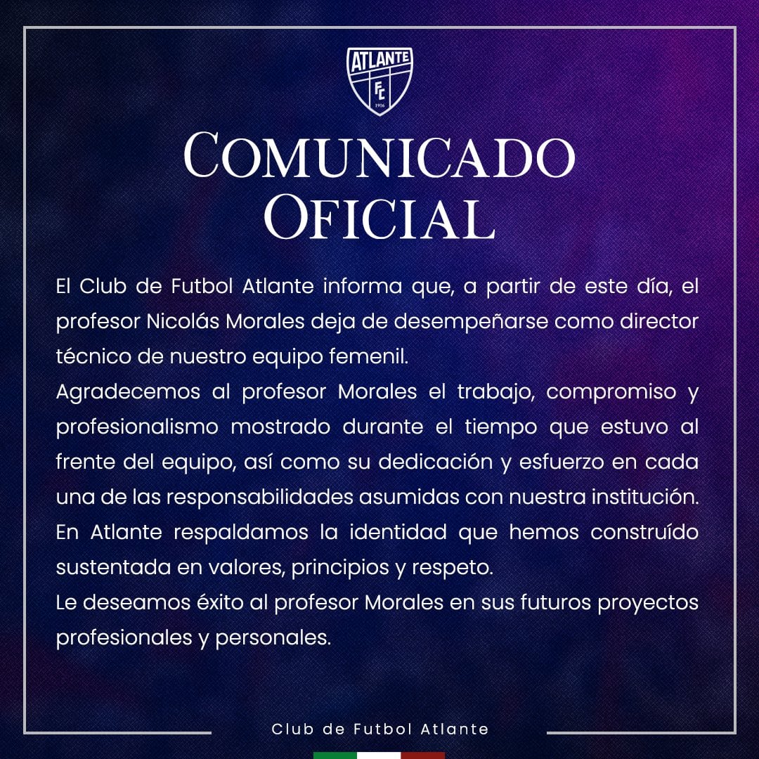 Atlante Femenil despide a Nicolás Morales tras señalamientos de racismo