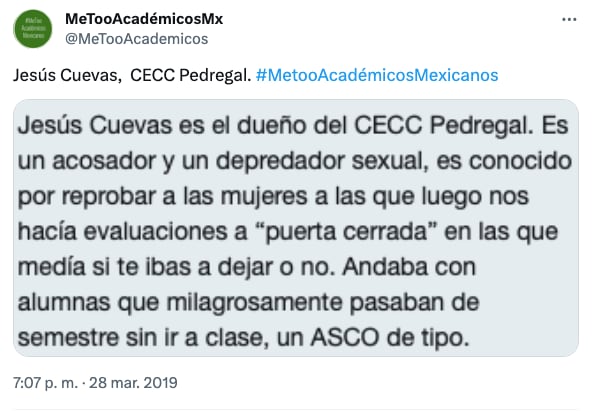 Denuncia en contra de Jesús Cuevas con fecha de 2019