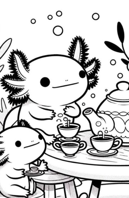 Ajolote tomando el té para colorear