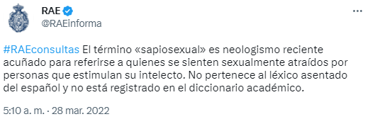 Definición de la RAE de sapiosexual.