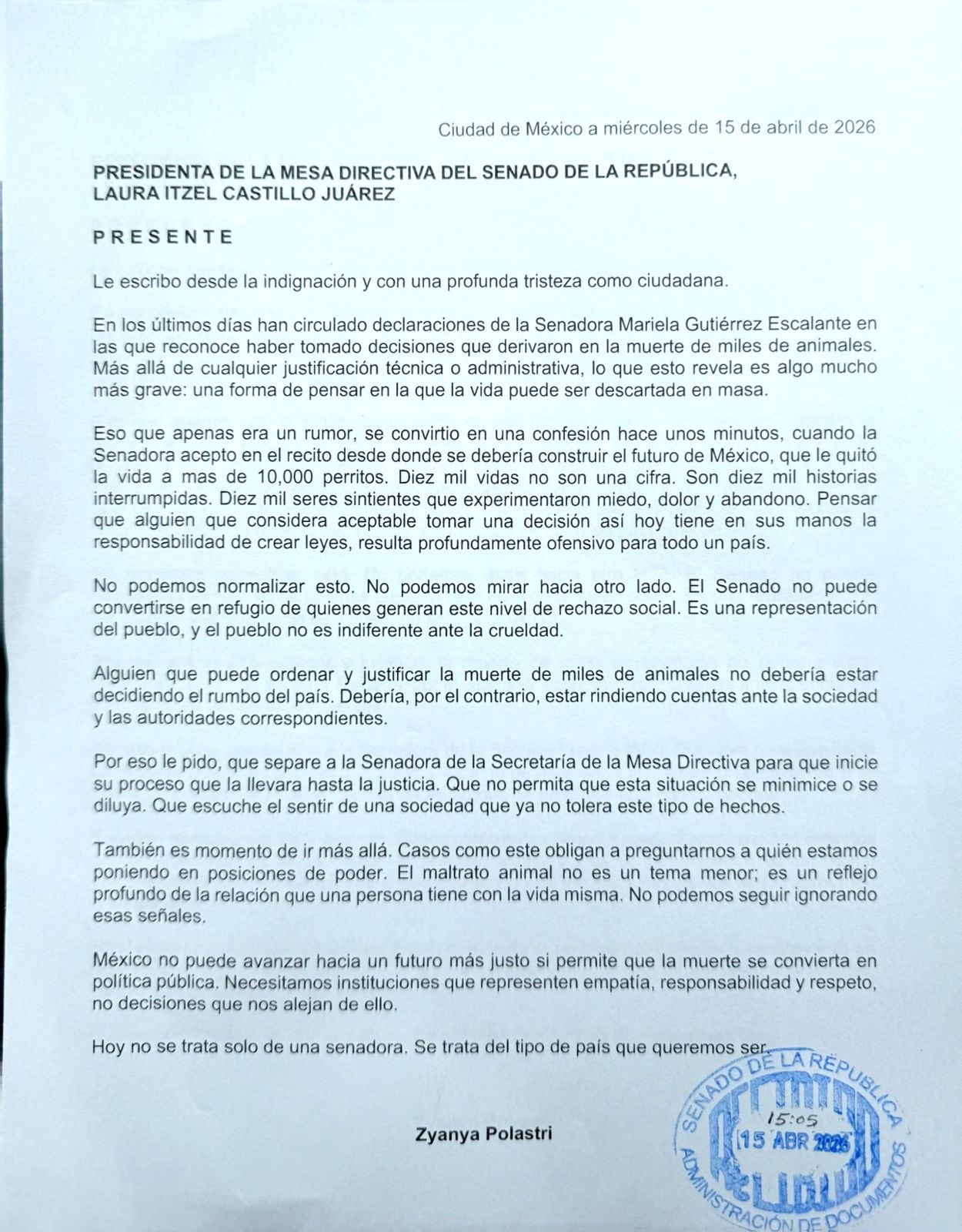 Zyanya Polastri dirige carta a Laura Itzel Castillo por caso de Mariela Gutiérrez