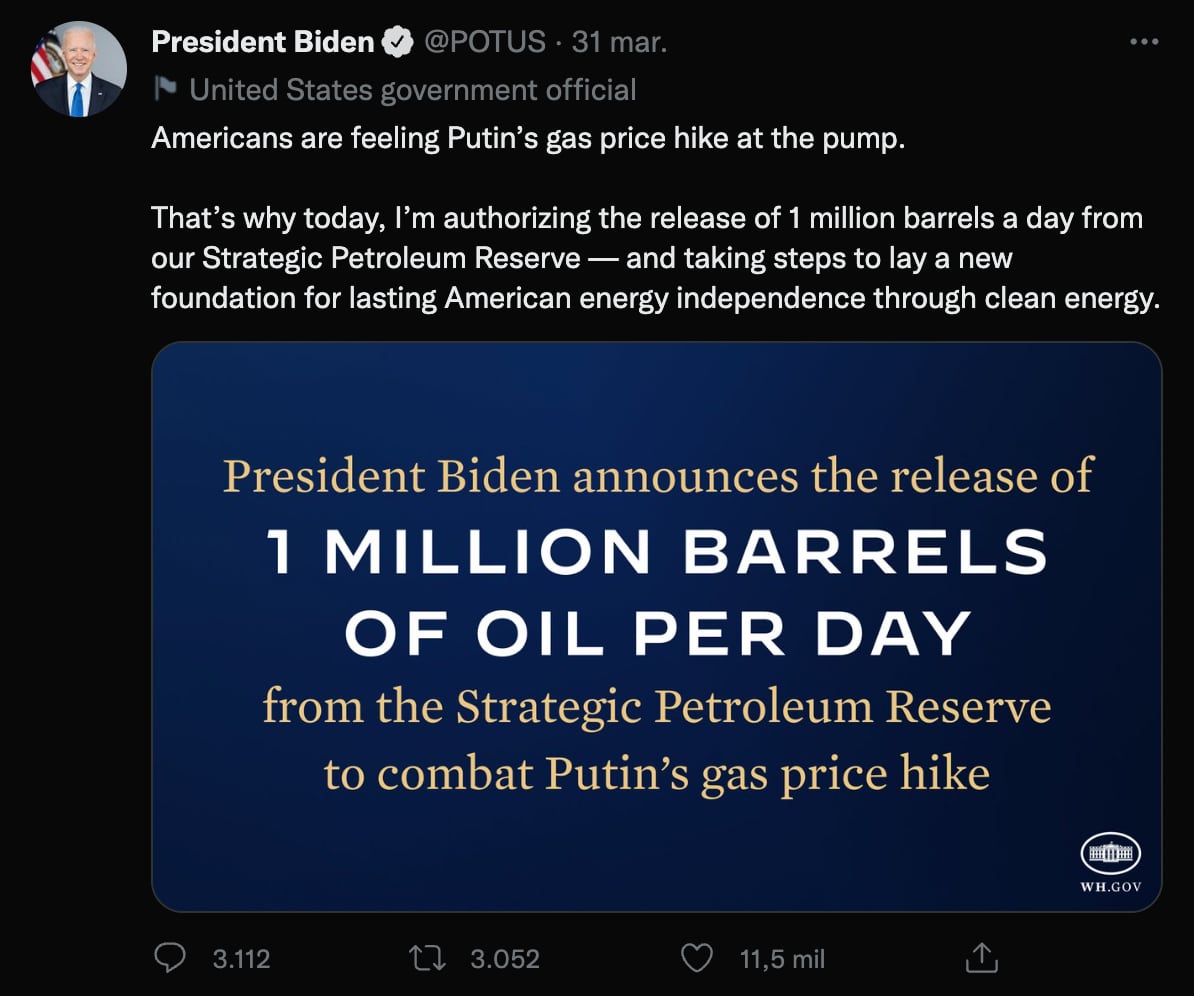 Joe Biden libera reservas de petróleo