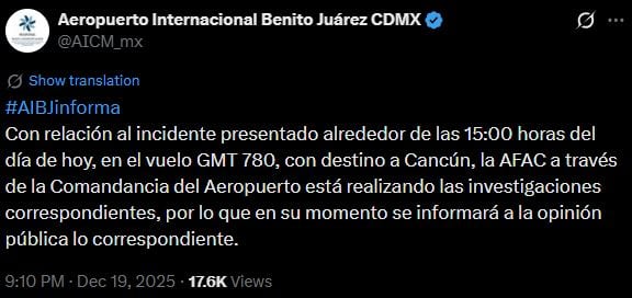 AICM investiga intento de secuestro en vuelo de Magnicharters
