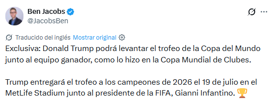 Trump podrá cargar el trofeo en la final del Mundial 2026.