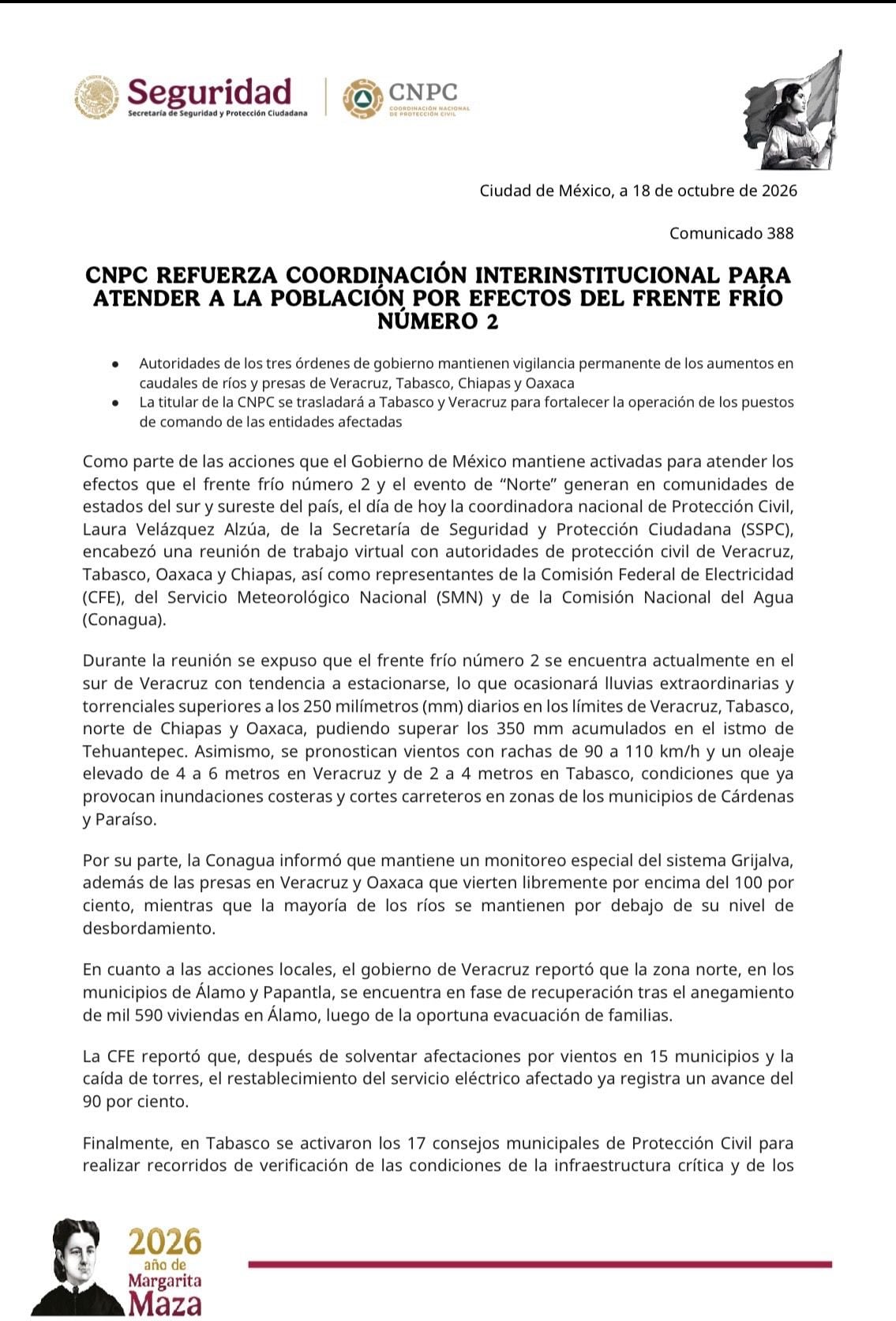 Protección Civil alerta por Frente Frío 2: Tabasco y Veracruz, los más afectados