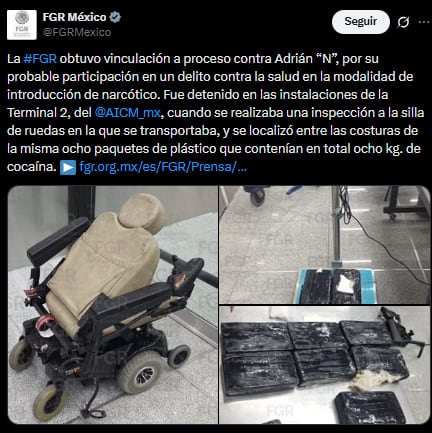 FGR informa que hombre que intentó introducir drogas en su silla de ruedas en el AICM fue vinculado a proceso.