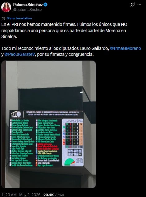 La senadora Paloma Sánchez aplaude que el PRI se ha mantenido firme en Sinaloa