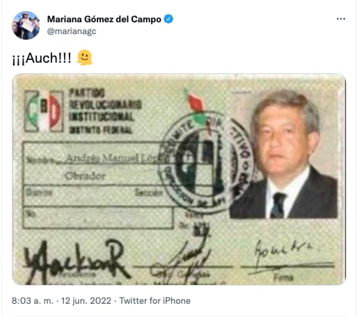 Mariana Gómez del Campo sube credencial falsa de AMLO como militante del PRI/captura de pantalla de Twitter