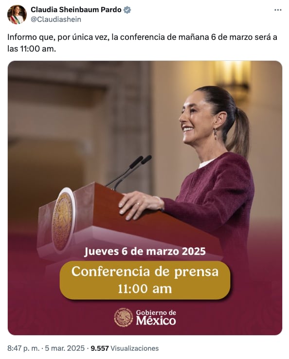 Claudia Sheinbaum anuncia cambio de horario para la mañanera del 6 de marzo