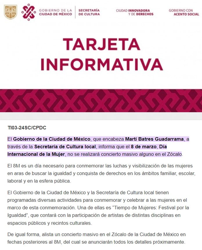 ¿Concierto en el Zócalo el 8 de marzo? Secretaría de Cultura responde