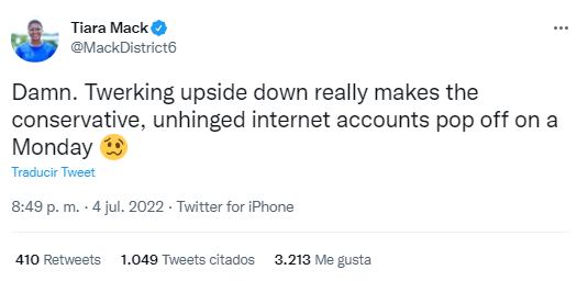 Tuit de Tiara Mack respondiendo por su twerking que hizo para ganar votos