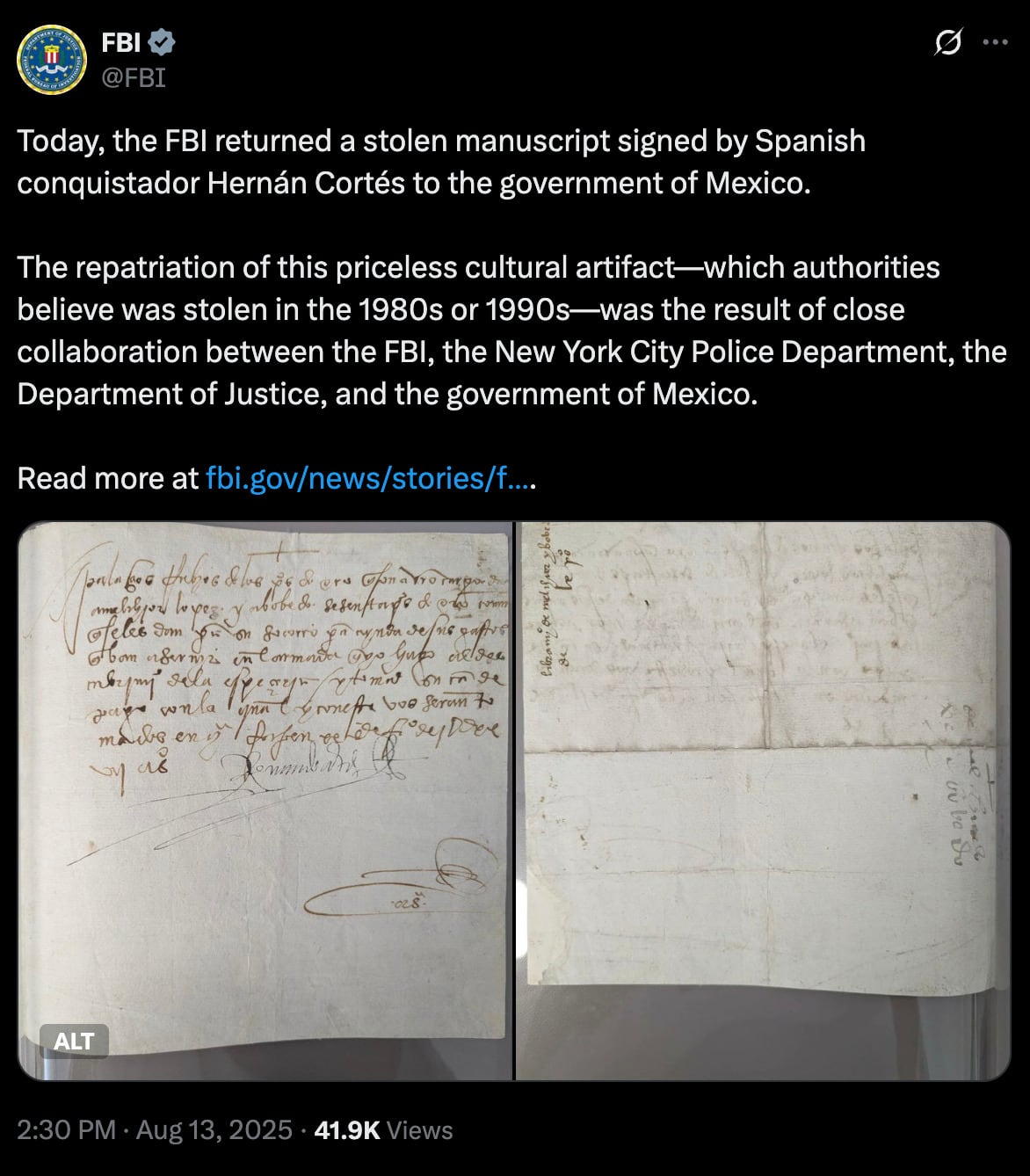Estados Unidos devolvió a México histórico documento firmado por Hernán Cortés