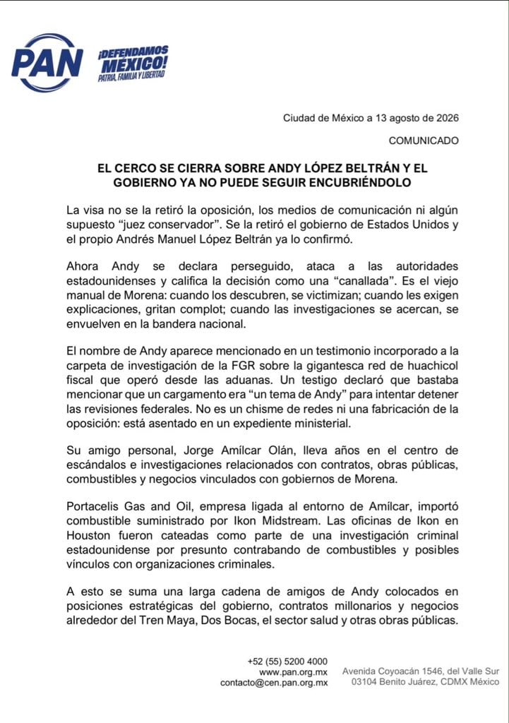 PAN exige investigación contra Andrés Manuel López Beltrán