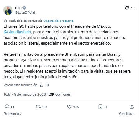 Sheinbaum viajará a Brasil a mediados de año tras invitación de Lula