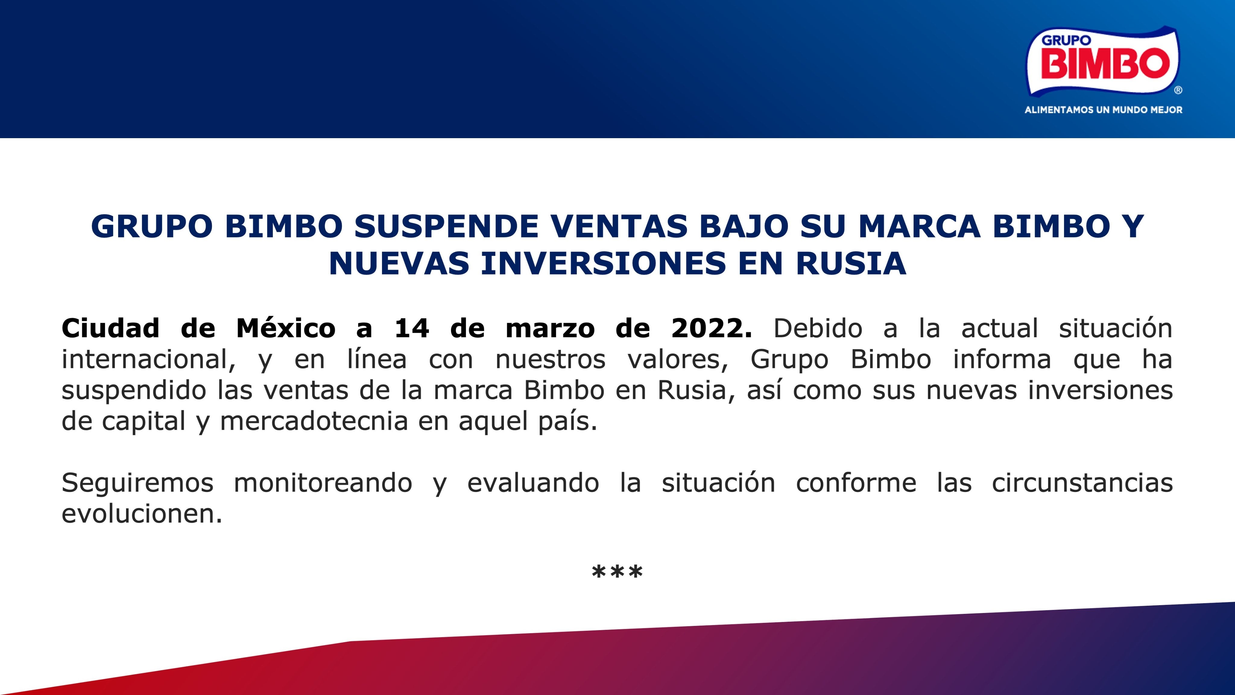Grupo Bimbo suspende ventas e inversiones con Rusia