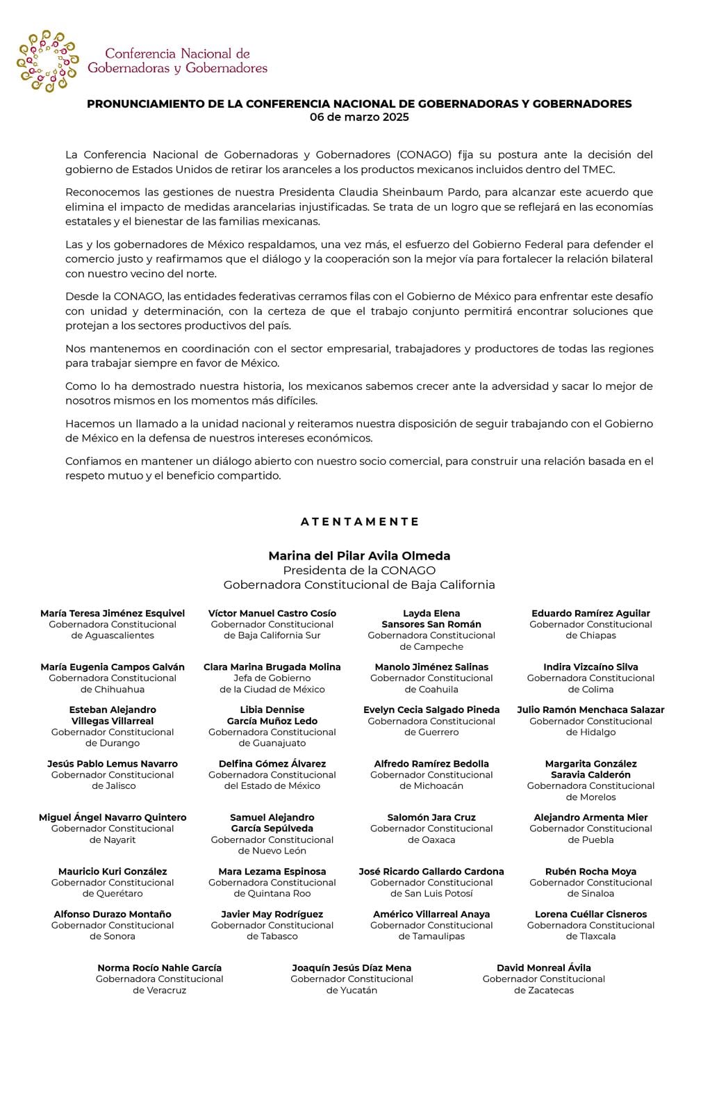 Conago felicita a Claudia Sheinbaum por negociaciones de aranceles ante Donald Trump