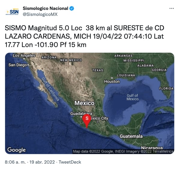 Sismo en Michoacán, 19 de abril