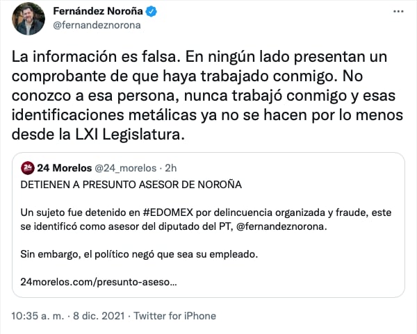 Tuit de Gerardo Fernández Noroña, deslindándose de sujeto detenido en el Estado de México
