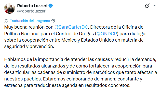 Roberto Lazzeri y Sara Carter acuerdan tres ejes contra el narcotráfico y la demanda de drogas