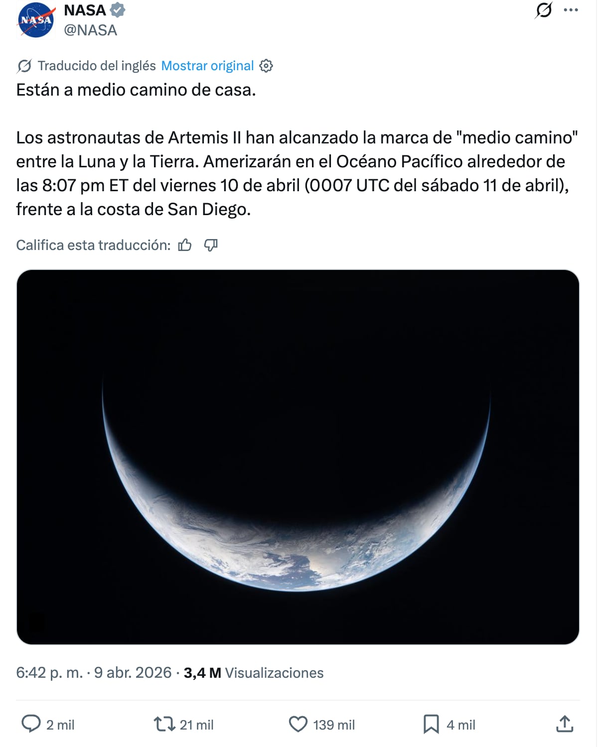 Artemis II aterrizará hoy 10 de abril en la costa de San Diego, Estados Unidos