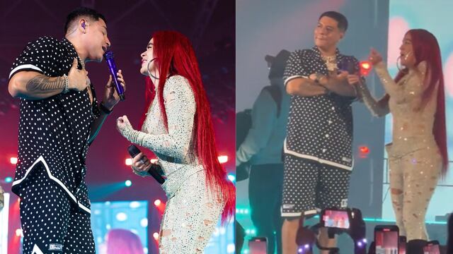 Karol G en el escenario con Eduin Caz de Grupo Firme.