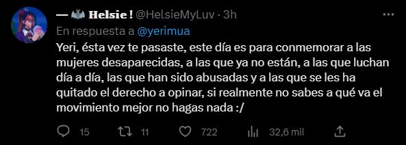 Usuaria de Twitter opina del mensaje de Yeri Mua por el 8M