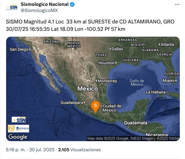 SSN reporta sismo en Altamirano, Guerrero