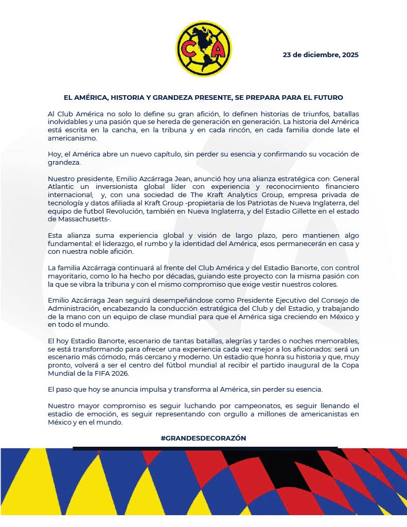 Venta del Club América: esto dice el comunicado que encendió las especulaciones